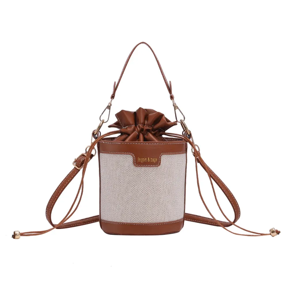 Women Shoulder Bags Cylinder PU Leather Bucket Crossbody Bag Casual Drawstring Handbags Purse for Travel Shopping