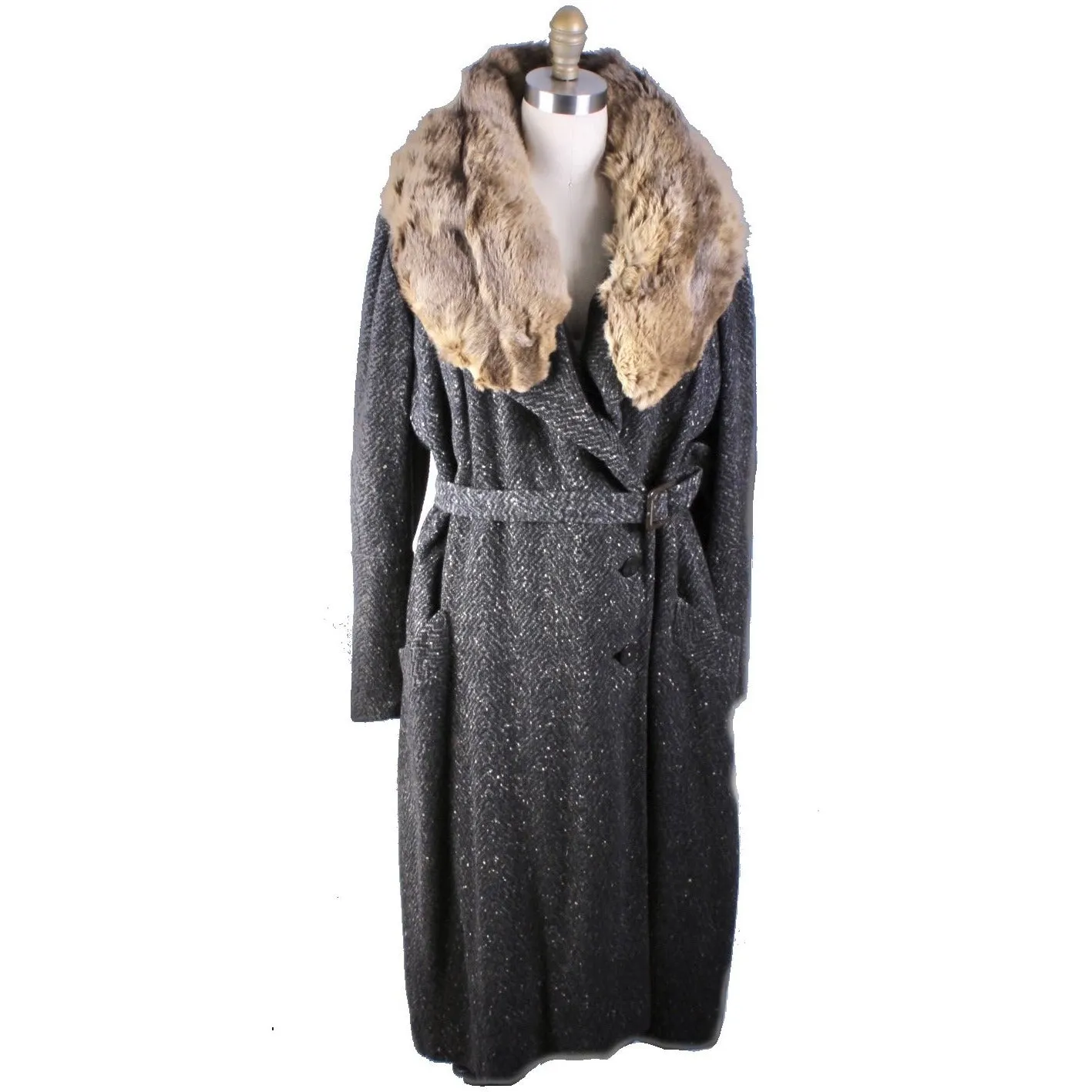 Womens 1920s Art Deco Coat Downton Miss Fisher Heavy Tweed Large Fur Trimmed