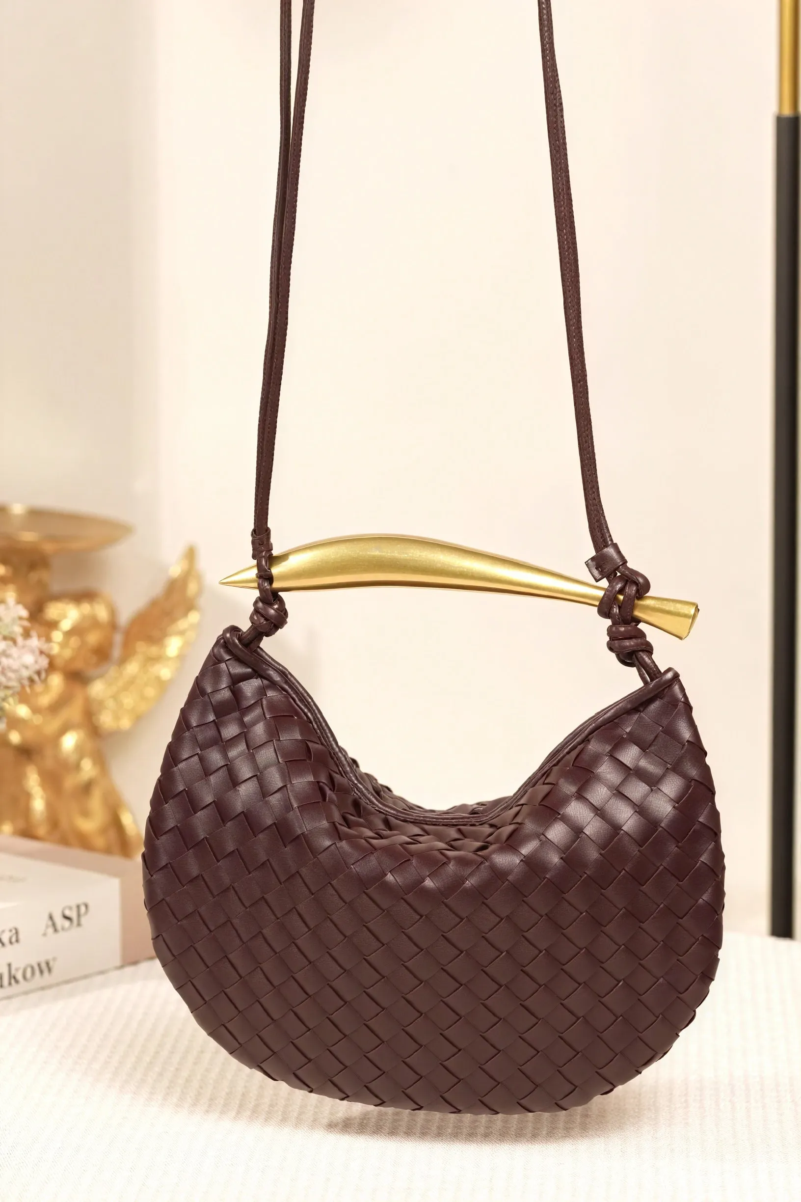 Woven Crescent Handbag with Metal Handle