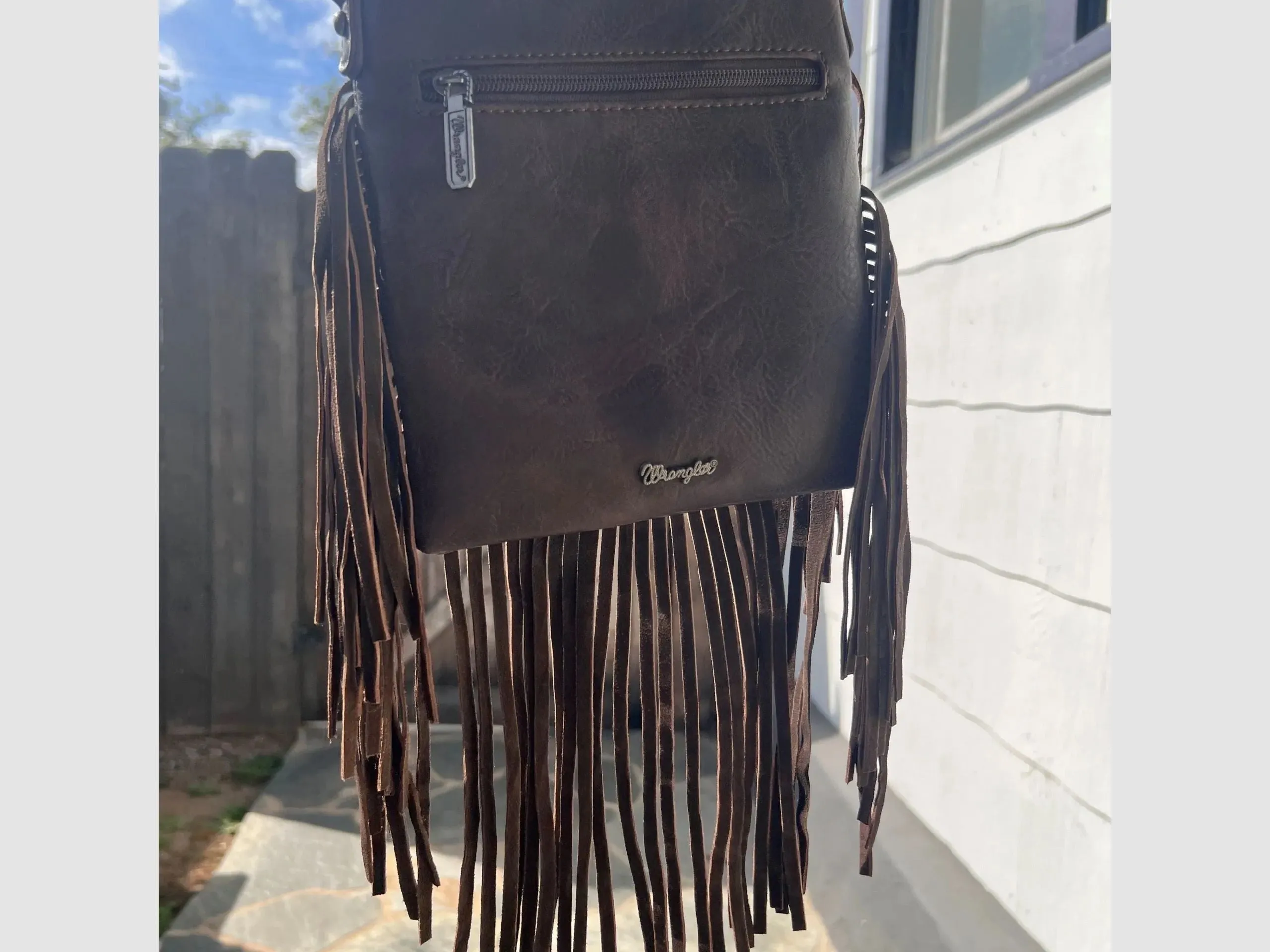 Wrangler Leather Fringe Jean Denim Pocket Crossbody Purse