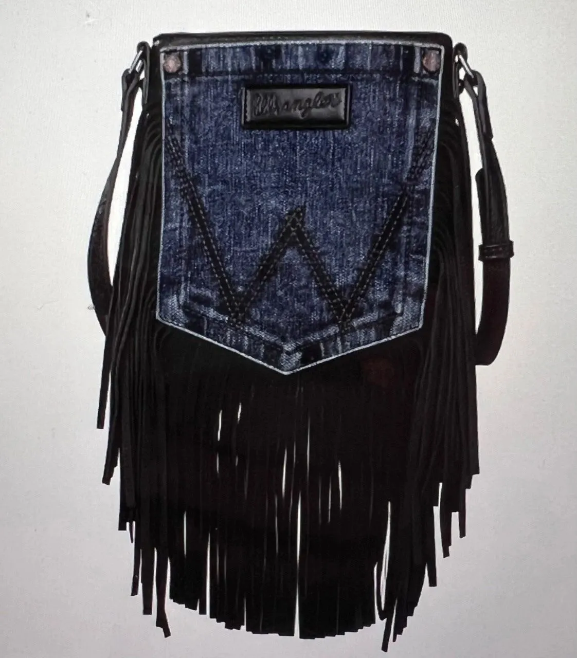 Wrangler Leather Fringe Jean Denim Pocket Crossbody Purse