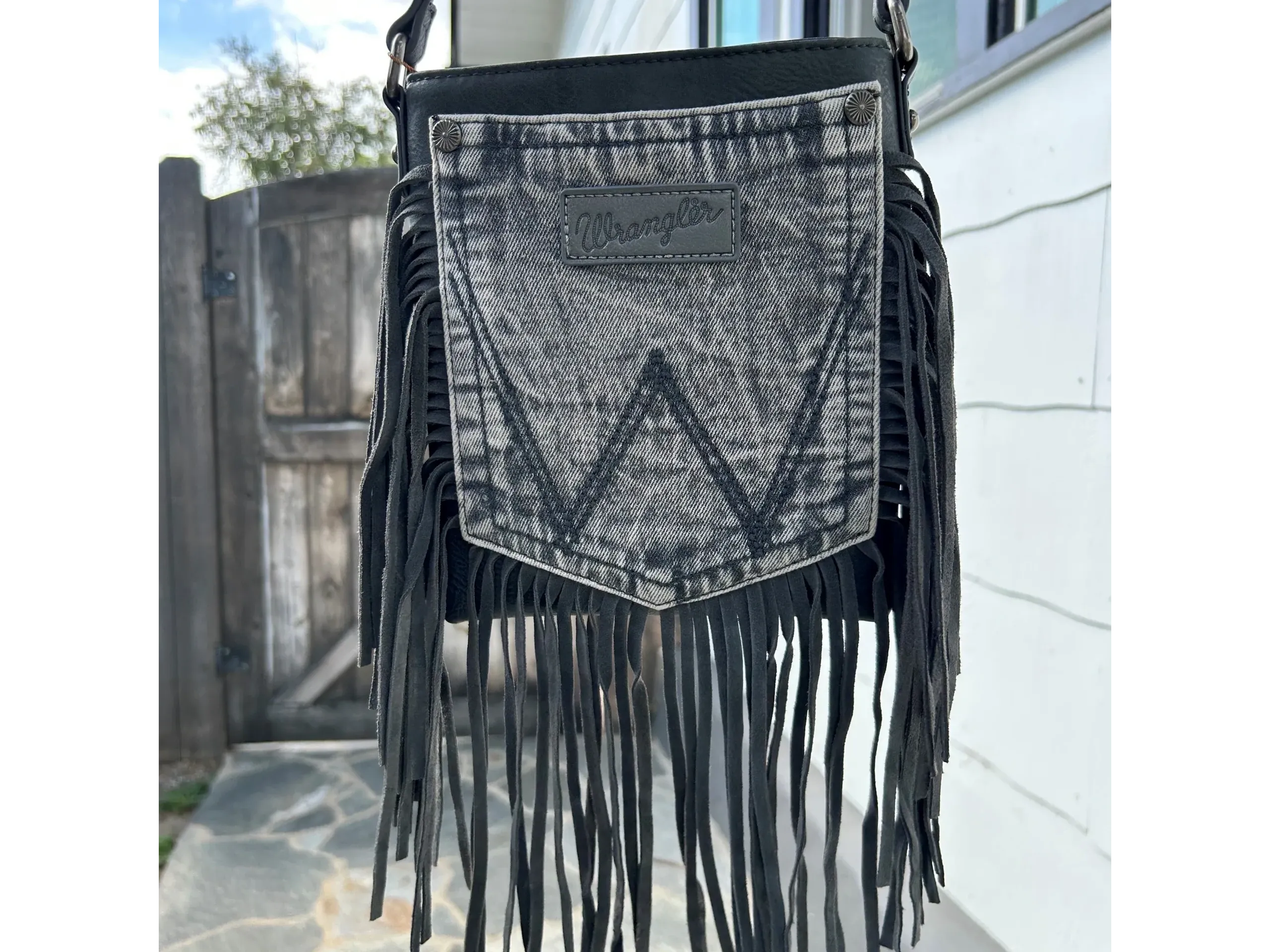 Wrangler Leather Fringe Jean Denim Pocket Crossbody Purse