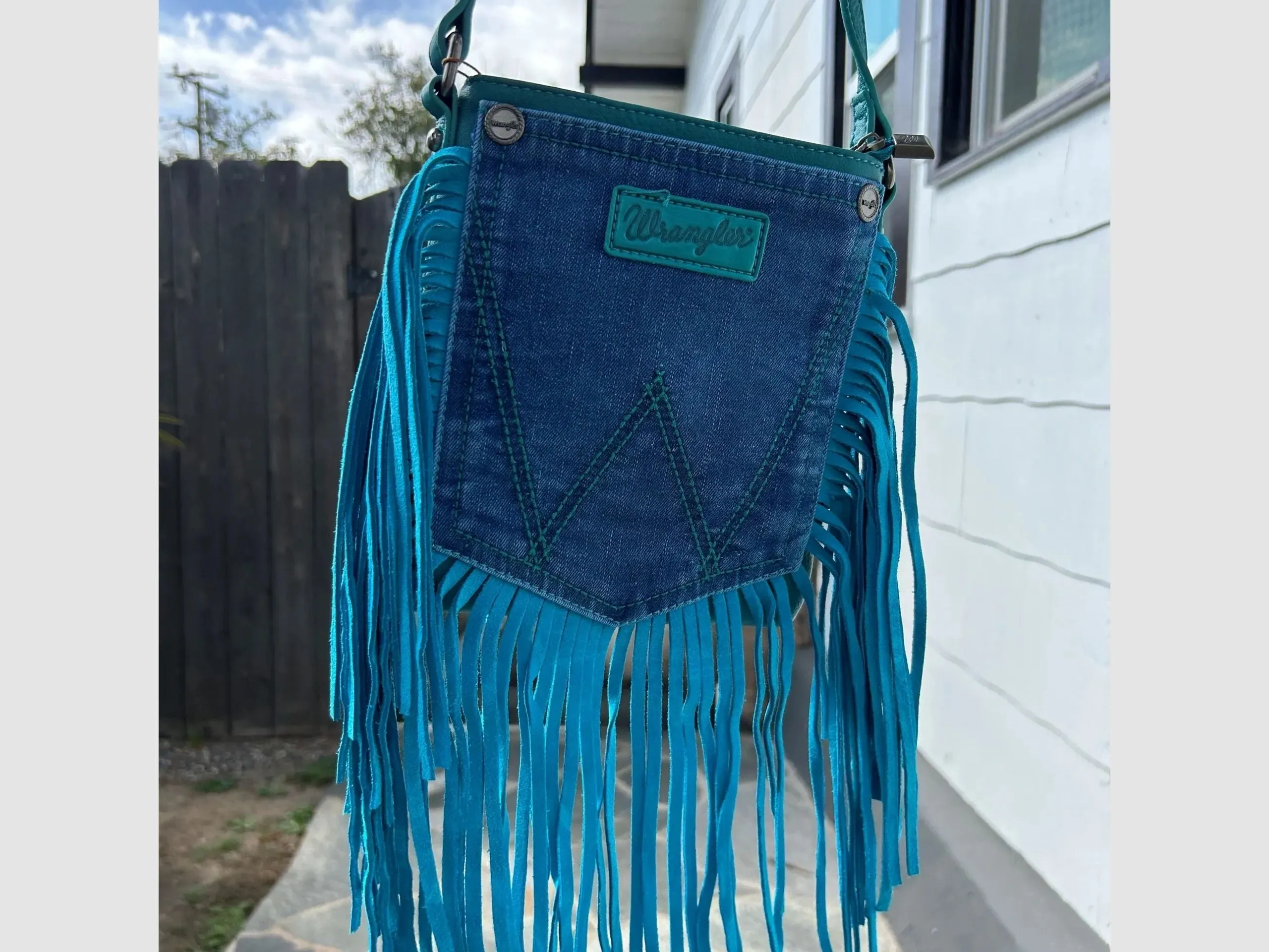 Wrangler Leather Fringe Jean Denim Pocket Crossbody Purse