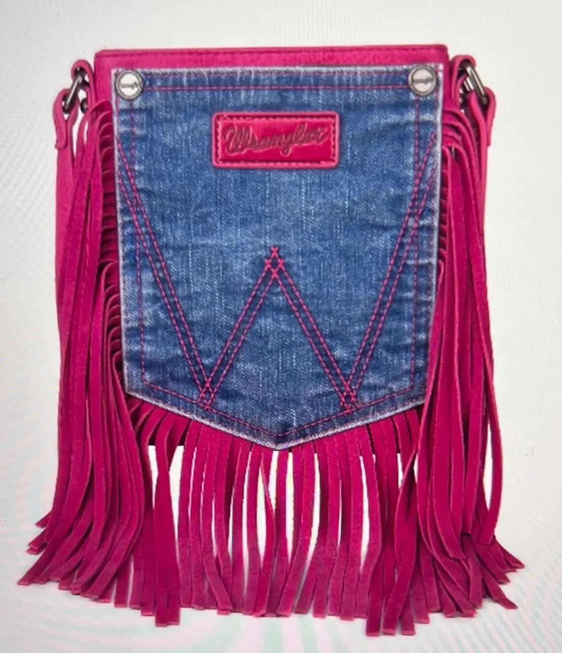 Wrangler Leather Fringe Jean Denim Pocket Crossbody Purse