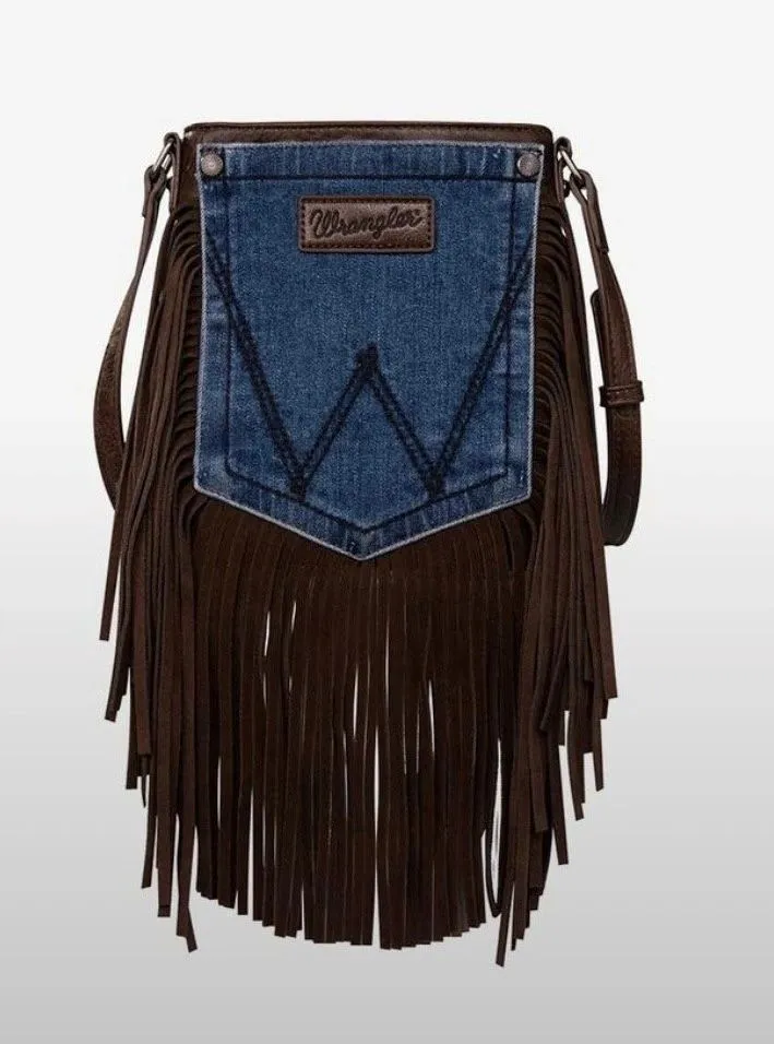 Wrangler Leather Fringe Jean Denim Pocket Crossbody Purse