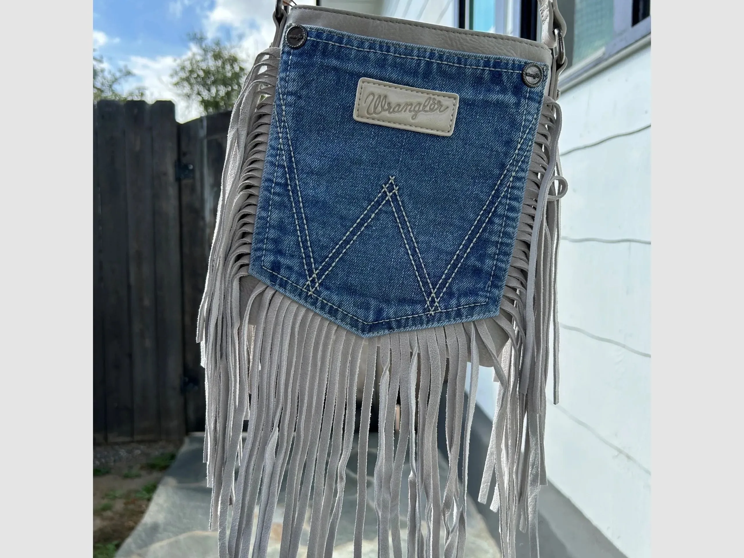 Wrangler Leather Fringe Jean Denim Pocket Crossbody Purse