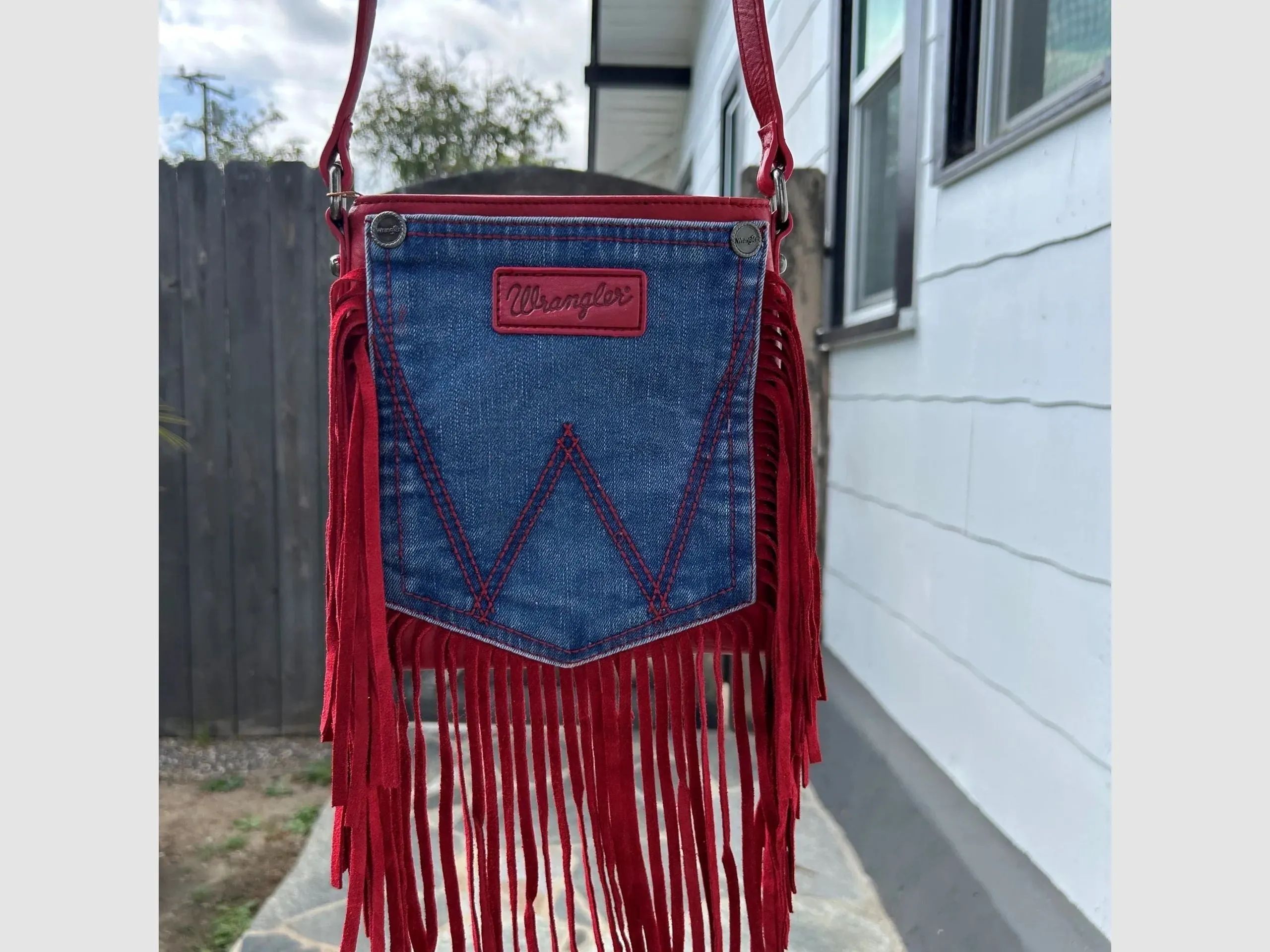 Wrangler Leather Fringe Jean Denim Pocket Crossbody Purse