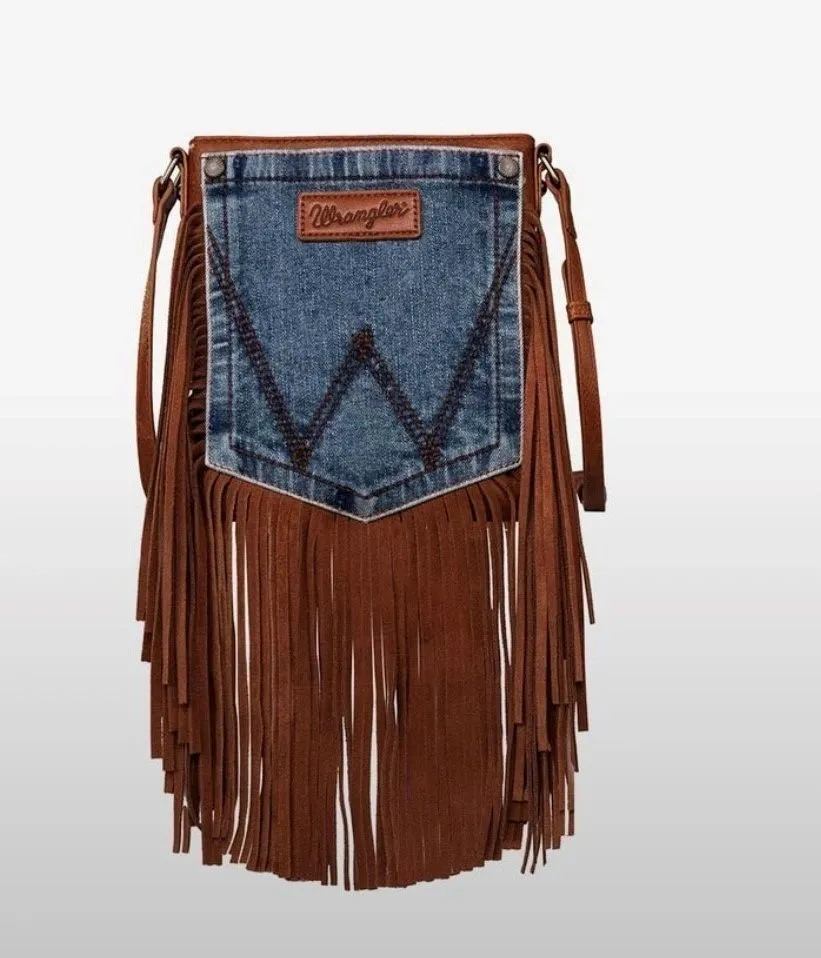 Wrangler Leather Fringe Jean Denim Pocket Crossbody Purse