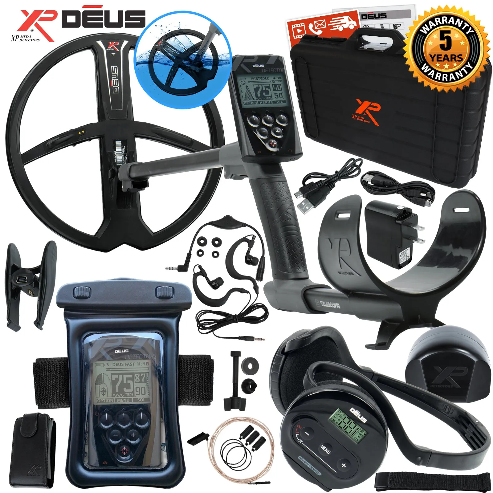 XP Deus Metal Detector w/ Headphones, Remote, 11” X35 Coil & Waterproof Kit