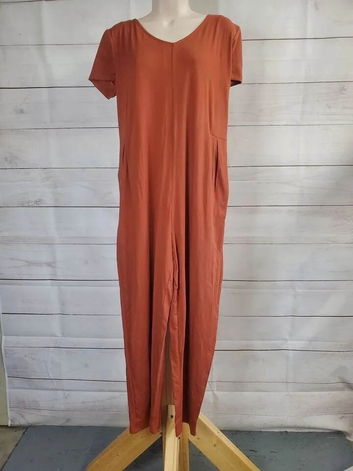 XSMALL PETITE RUST A453277 AnyBody Petite Cozy Knit Short Sleeve Jumpsuit