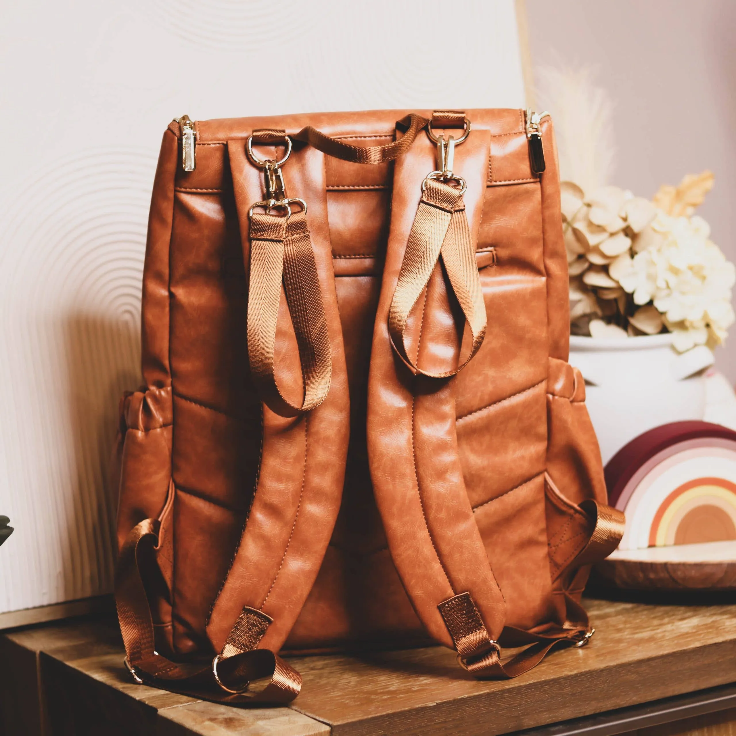 Zebra Babies - Faux Leather Nappy Bag Backpack - Luxe Tan Brown