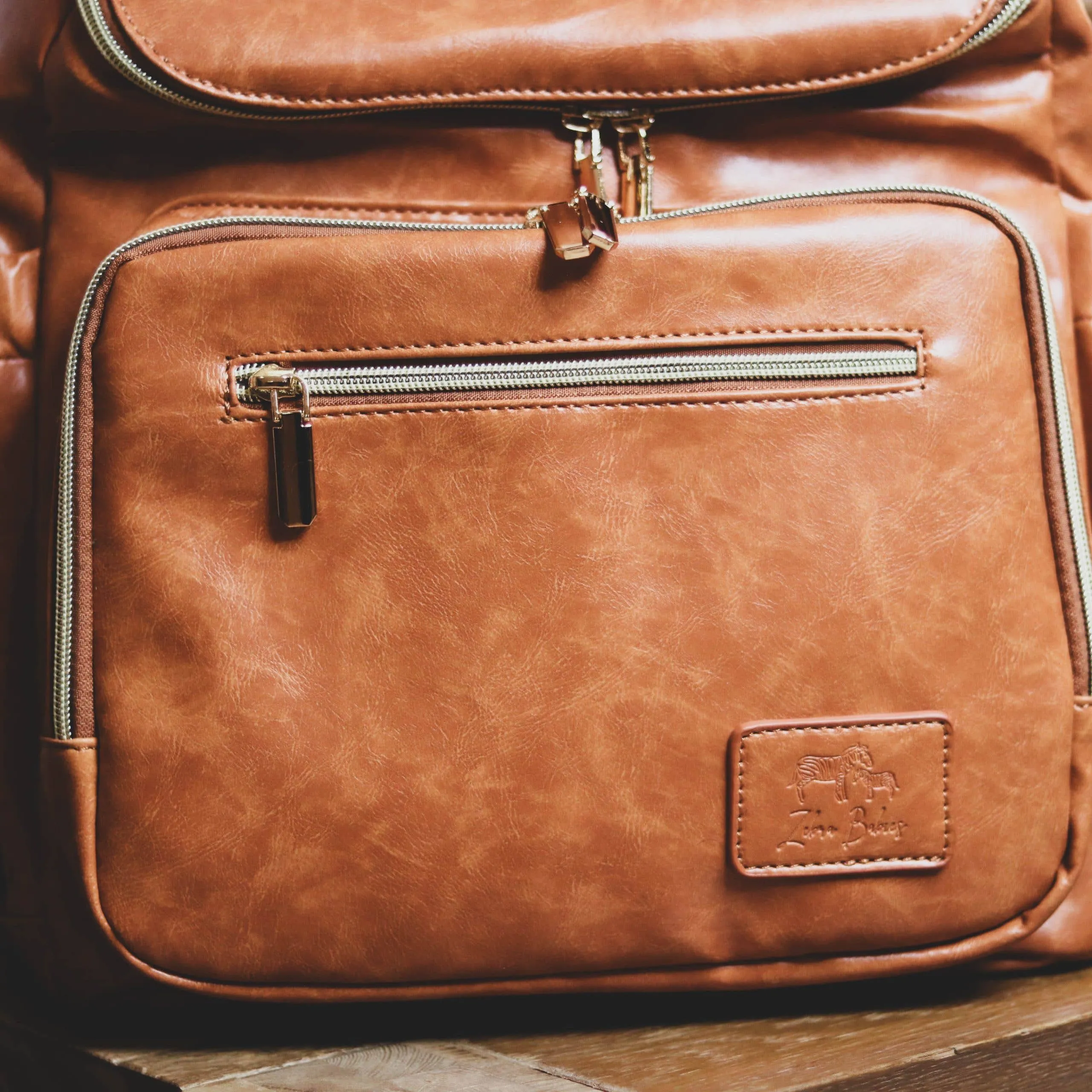 Zebra Babies - Faux Leather Nappy Bag Backpack - Luxe Tan Brown