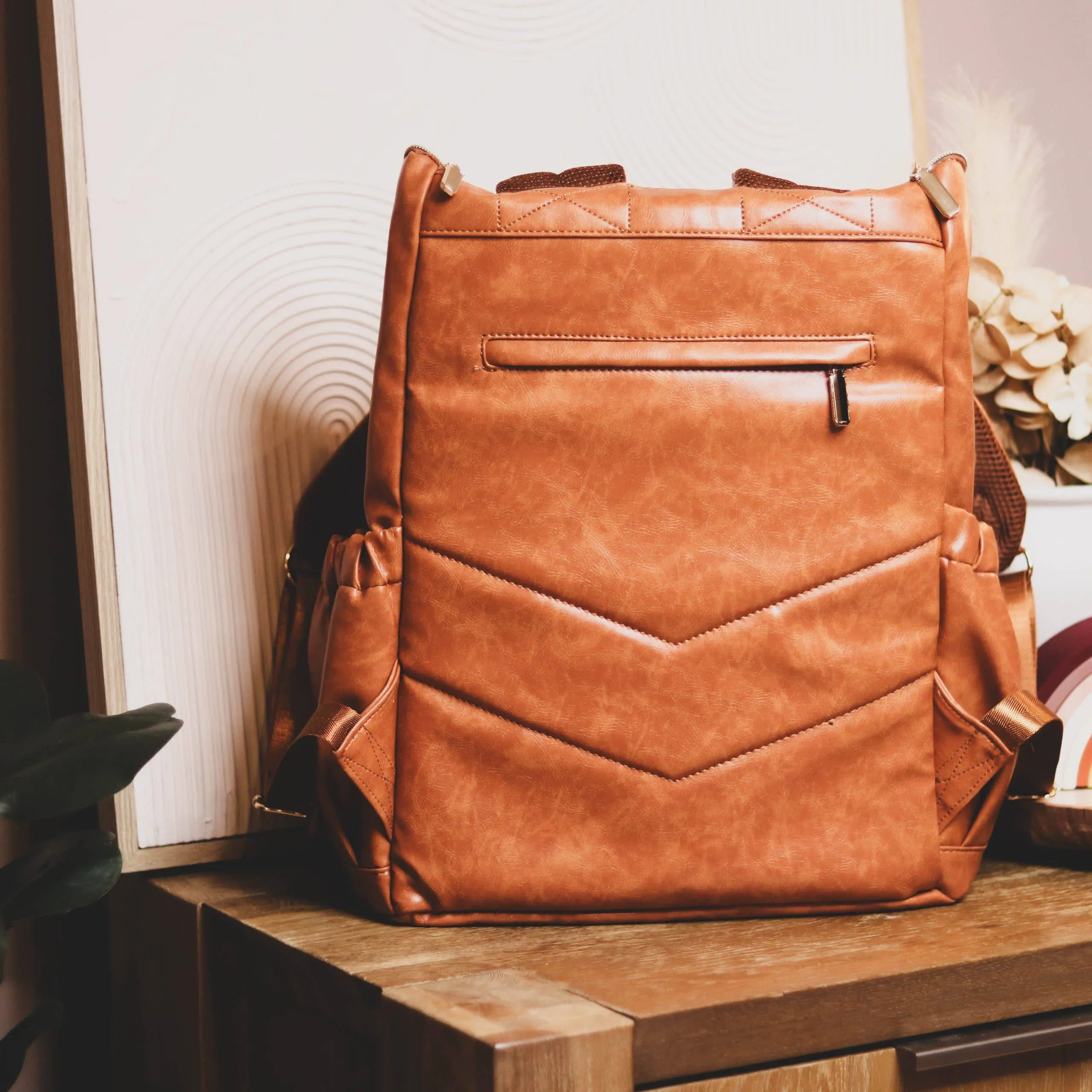Zebra Babies - Faux Leather Nappy Bag Backpack - Luxe Tan Brown