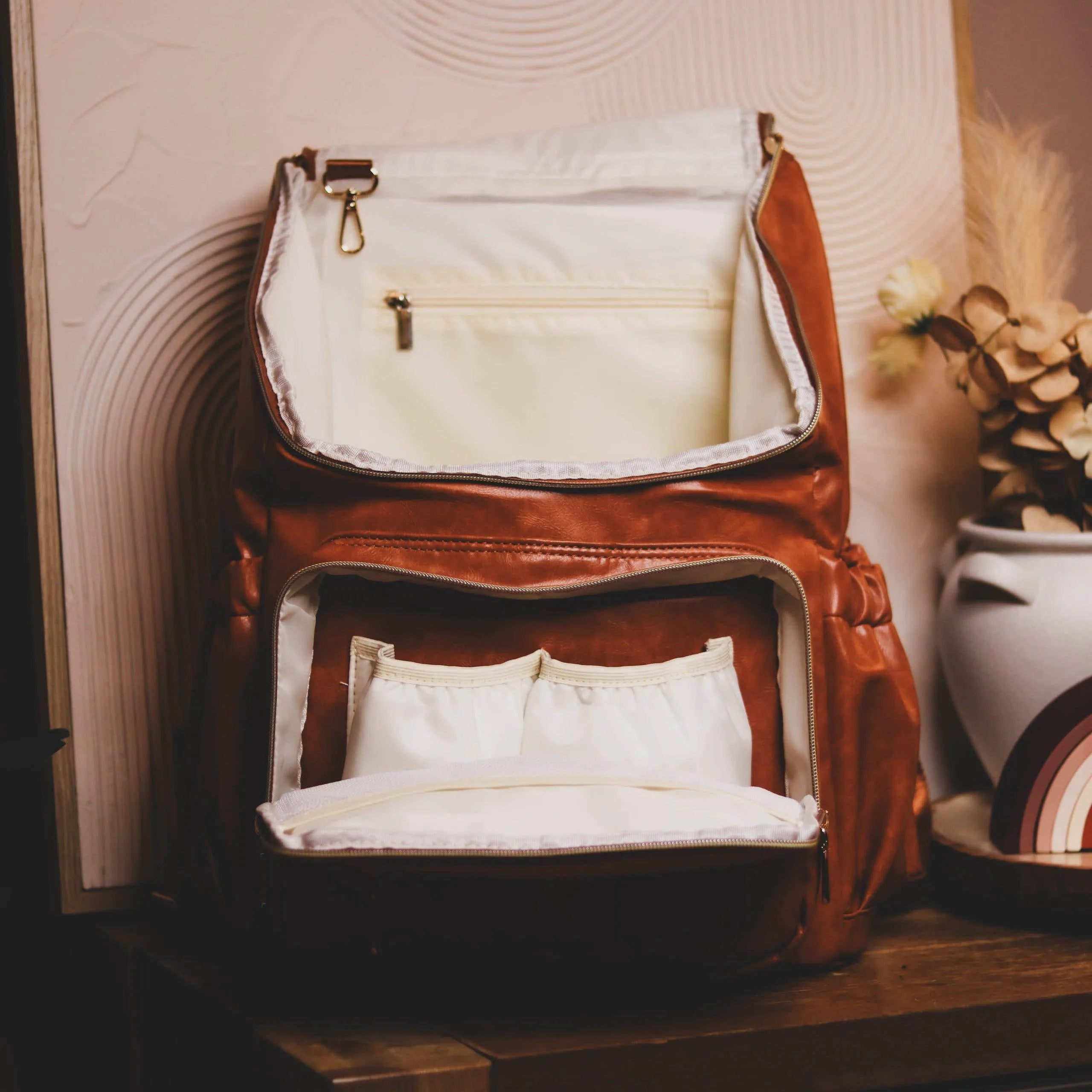 Zebra Babies - Faux Leather Nappy Bag Backpack - Luxe Tan Brown