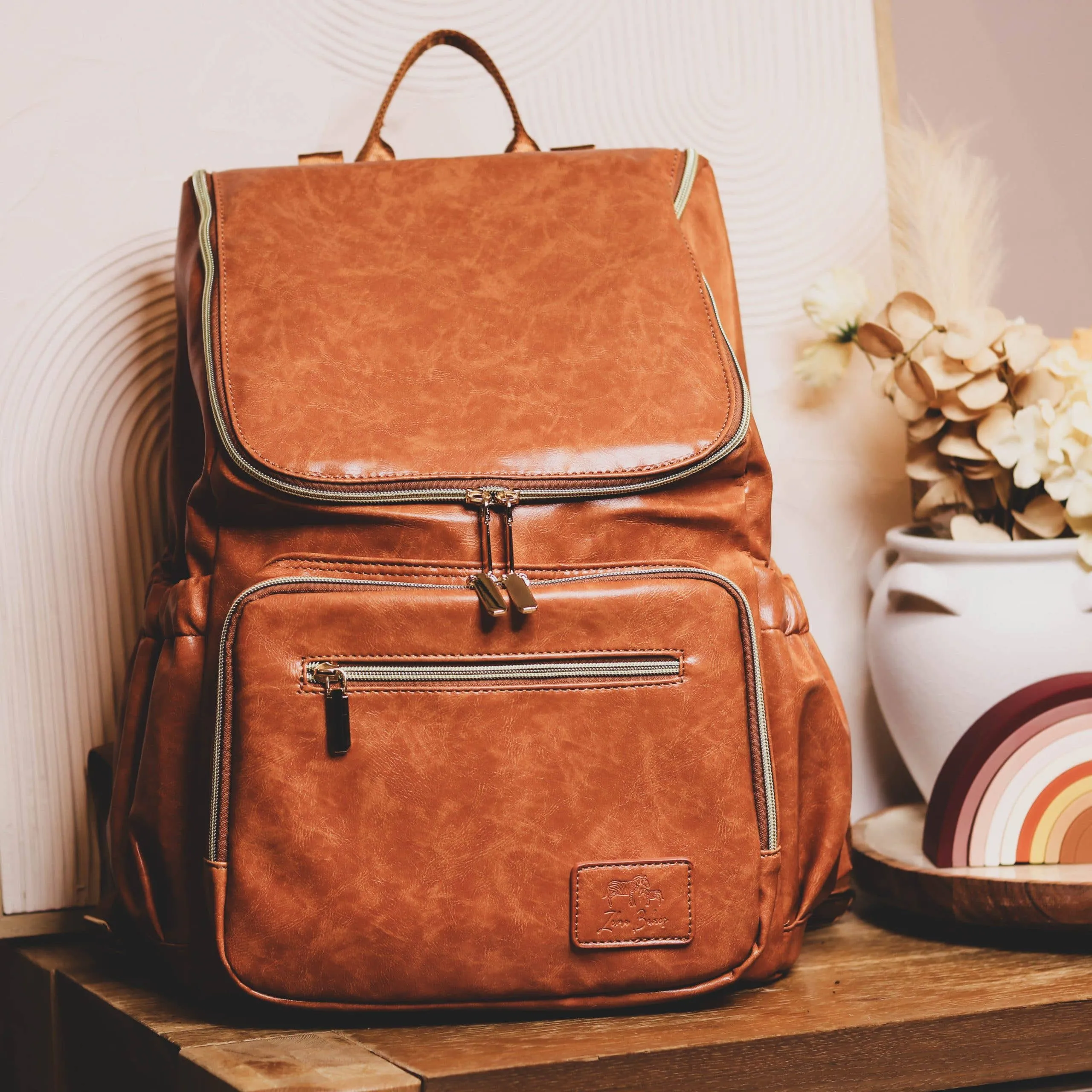 Zebra Babies - Faux Leather Nappy Bag Backpack - Luxe Tan Brown